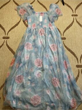 Baltic born Powder Blue Floral Tulle Dress with Pink Roses